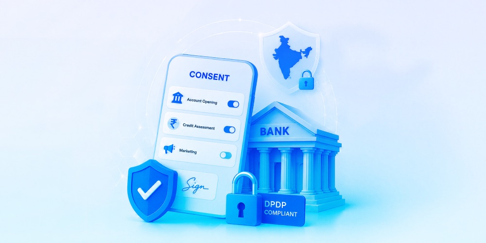Illustration of a mobile consent screen with toggles for account opening, credit assessment and marketing, next to a bank building marked DPDP compliant.