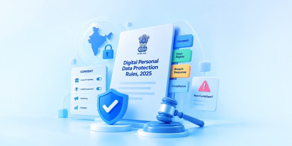 Illustration of a compliance clock and gavel next to a document marked DPDP Rules 2025, representing India's newly notified data protection regulation.